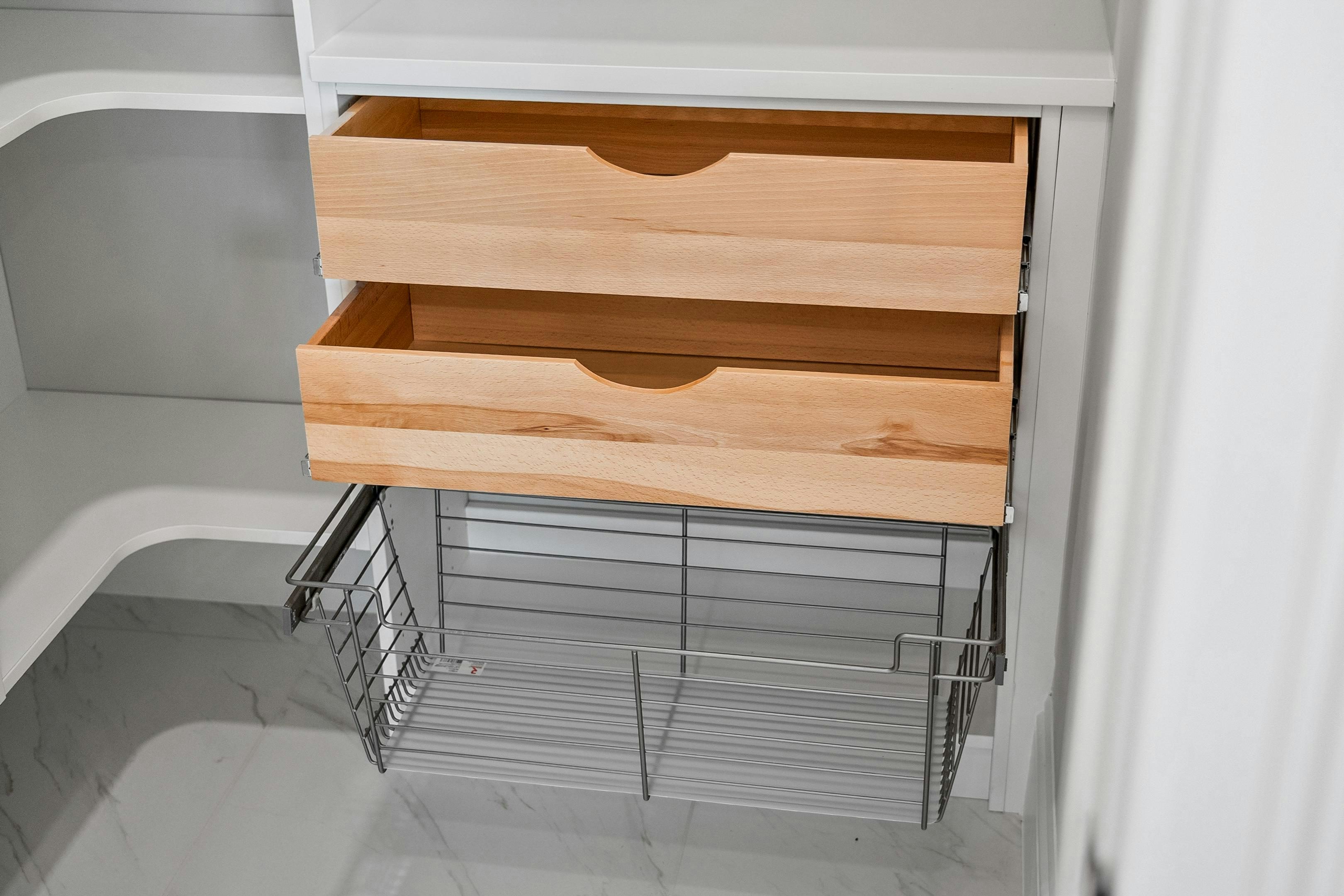Pantry, wooden drawers & wire storage bin | Stella
