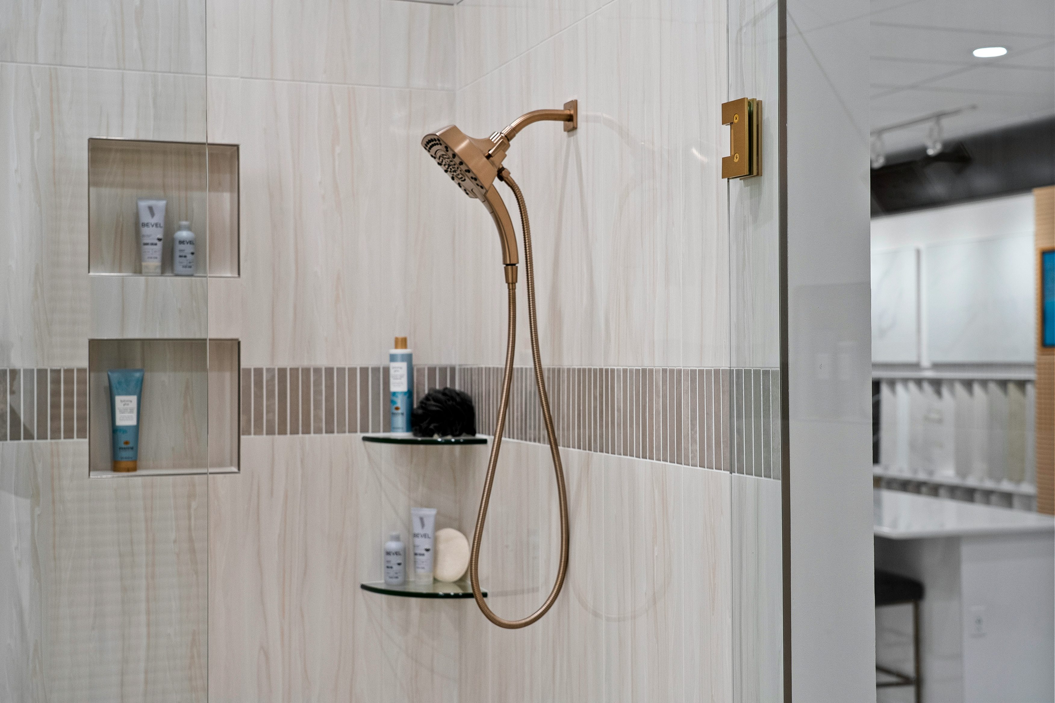 Sample Shower Options with Handheld Shower, Nooks, Glass Shelves and Tile | Design Studio