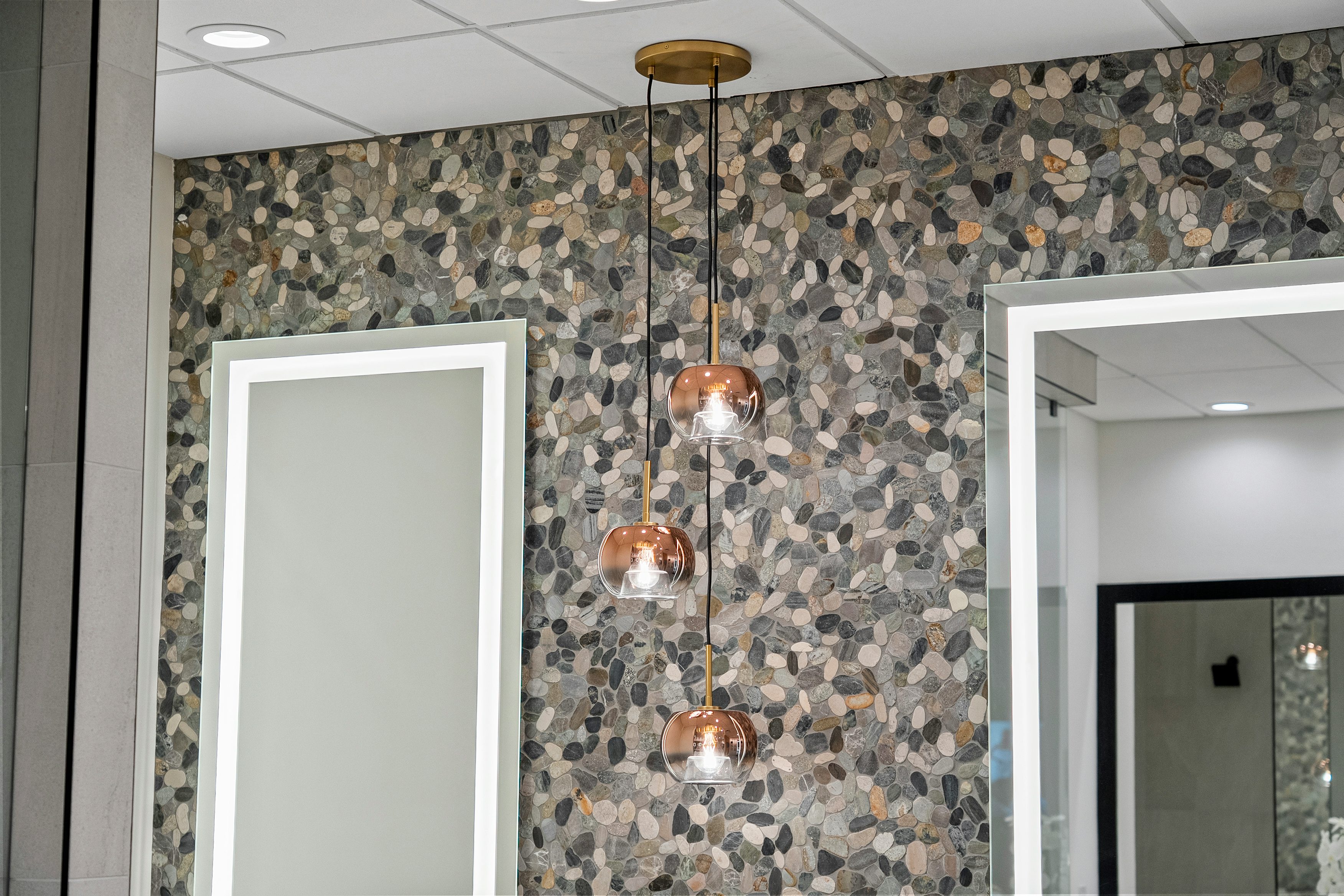 Pebble Tile Backsplash and Pendant Lighting | Design Studio